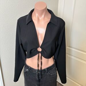 H&M Black Ring Detail Long Sleeve Crop Top Sz L